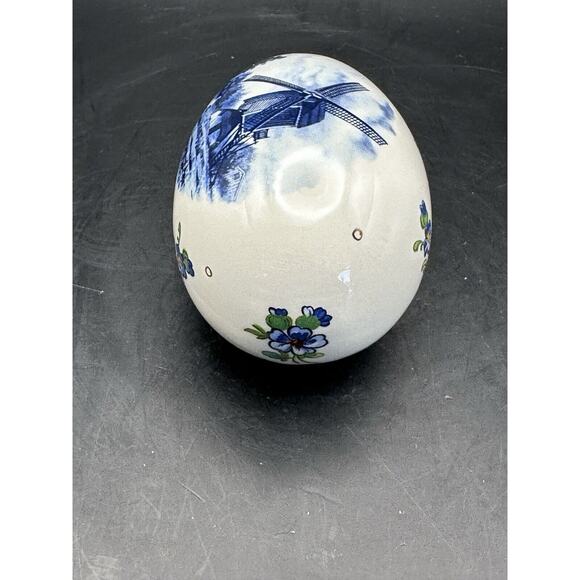 Delft Style Porcelain Blue White Egg from Lancaster PA Windmills Flowers - Picture 3 of 9